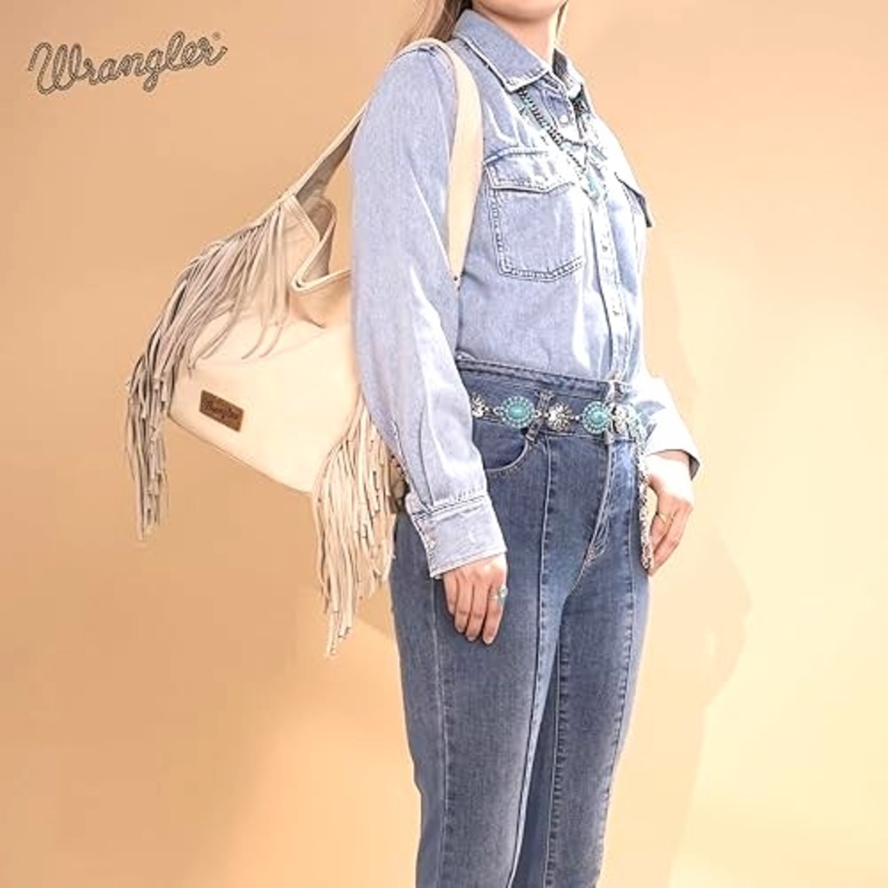 NEW Wrangler Shiloh Fringe Studded Leather Hobo Shoulder Bag‎ Purse Western Boho